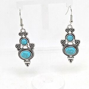 NEW Long Dangle Earrings Silver Tone Faux Turquoise Bohemian Fashion Jewelry